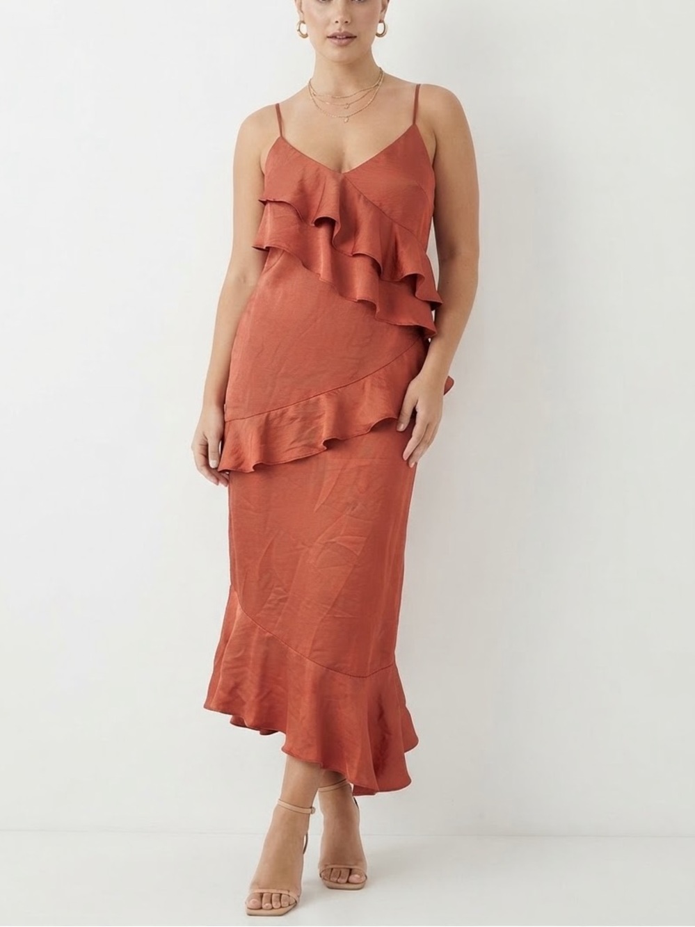 Steve Madden Christina Ruffle Satin Midi Dress Pink Medium